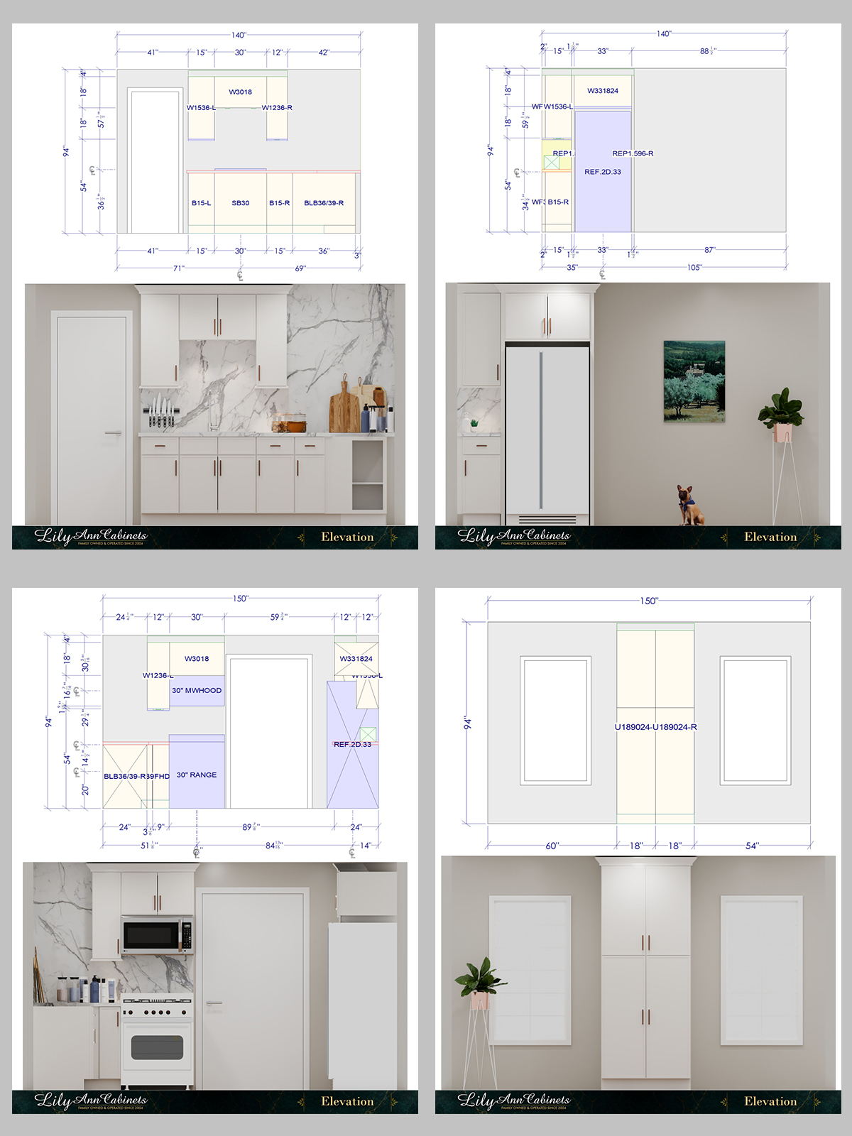 Detailed cabinet elevations and high-resolution 3D kitchen renders in a client presentation pack