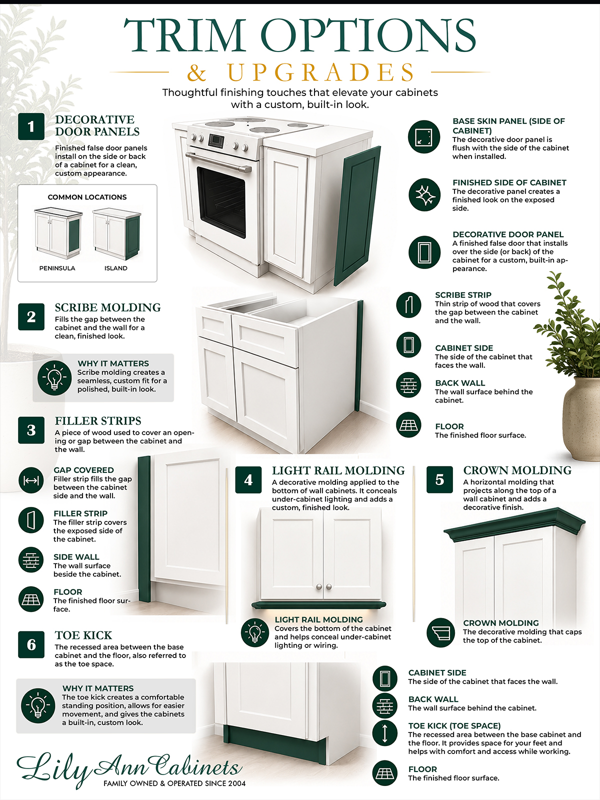 Easy 3D explanation of cabinet trim, molding, finish selections, and kitchen design options