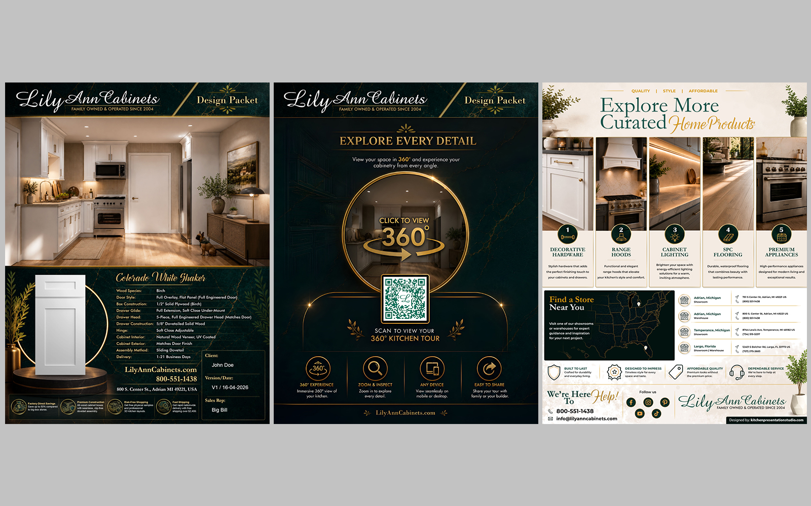 White-label client-ready kitchen presentation pack for a cabinet dealer