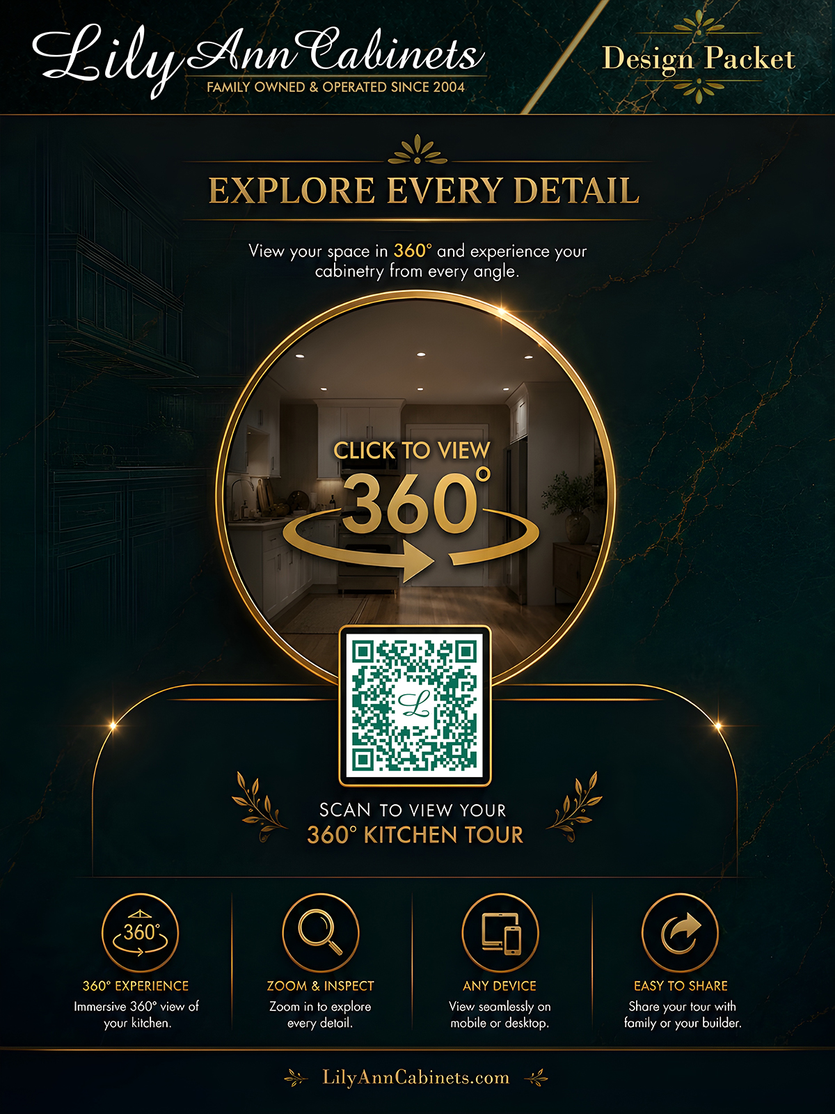 Interactive 360 degree kitchen panoramic walkthrough with a dedicated web link and QR code