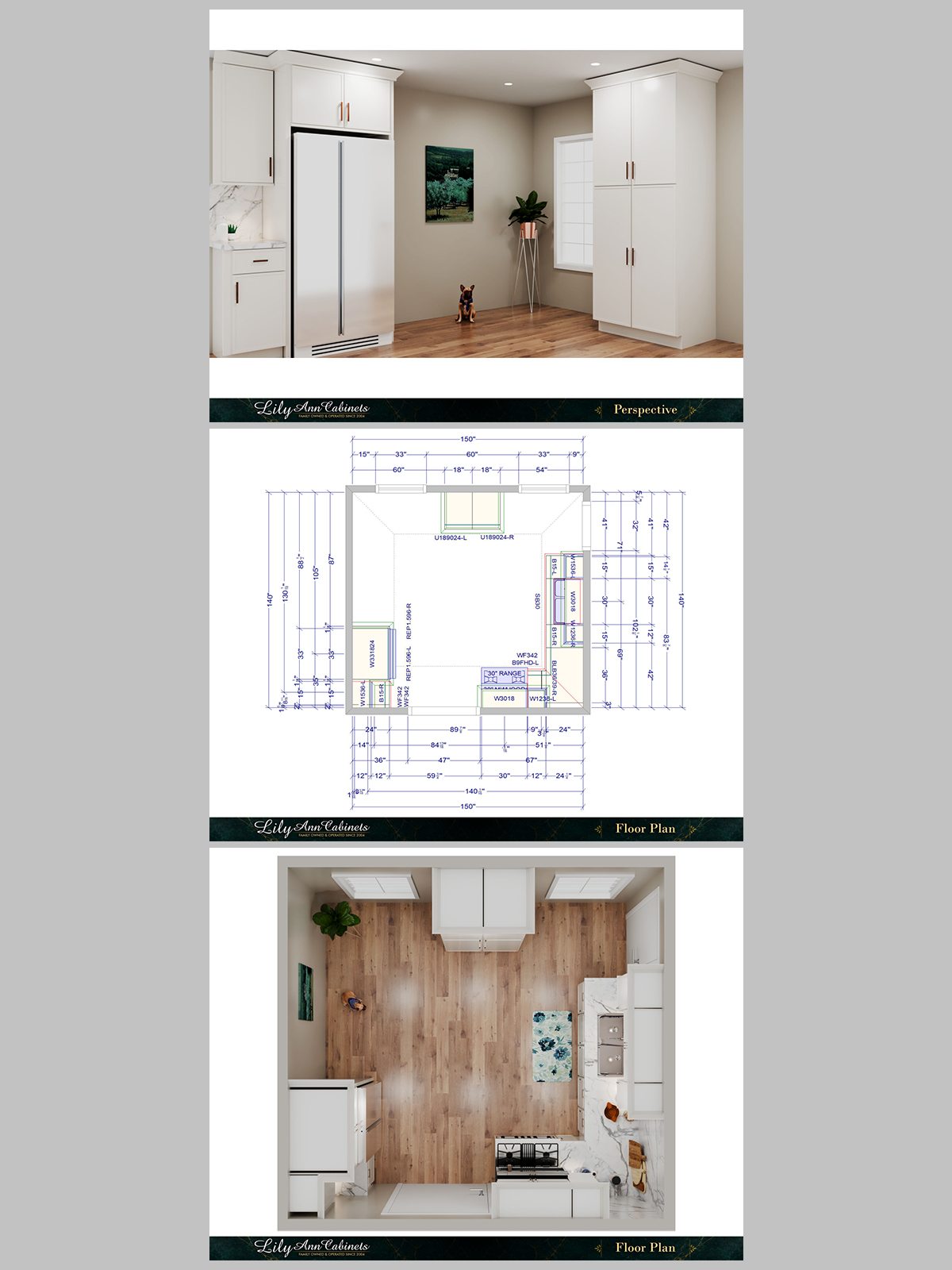 Client-ready kitchen floor plan and cabinet layout page showing the room flow clearly